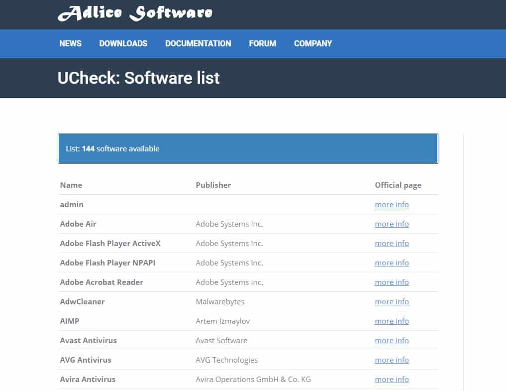 ucheck - une liste de logiciel conséquente mais toujours limitée