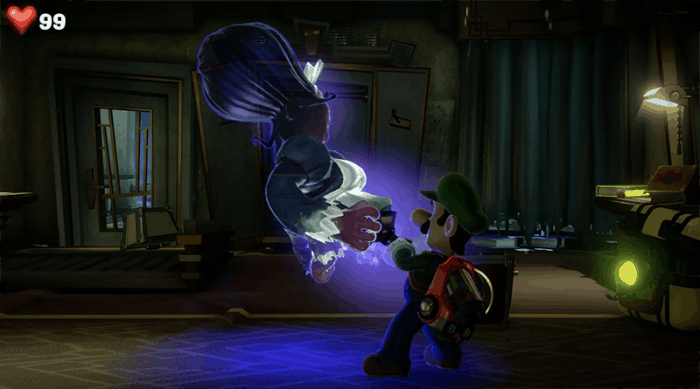 Luigi affrontant un fantôme avec son Ectoblast dans Luigi's Mansion 3