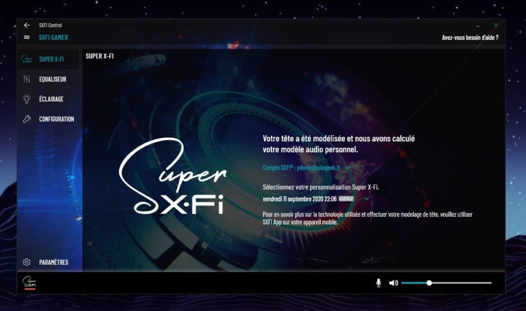 L'interface de l'app SXFI Control propre au casque Creative SXFI Gamer