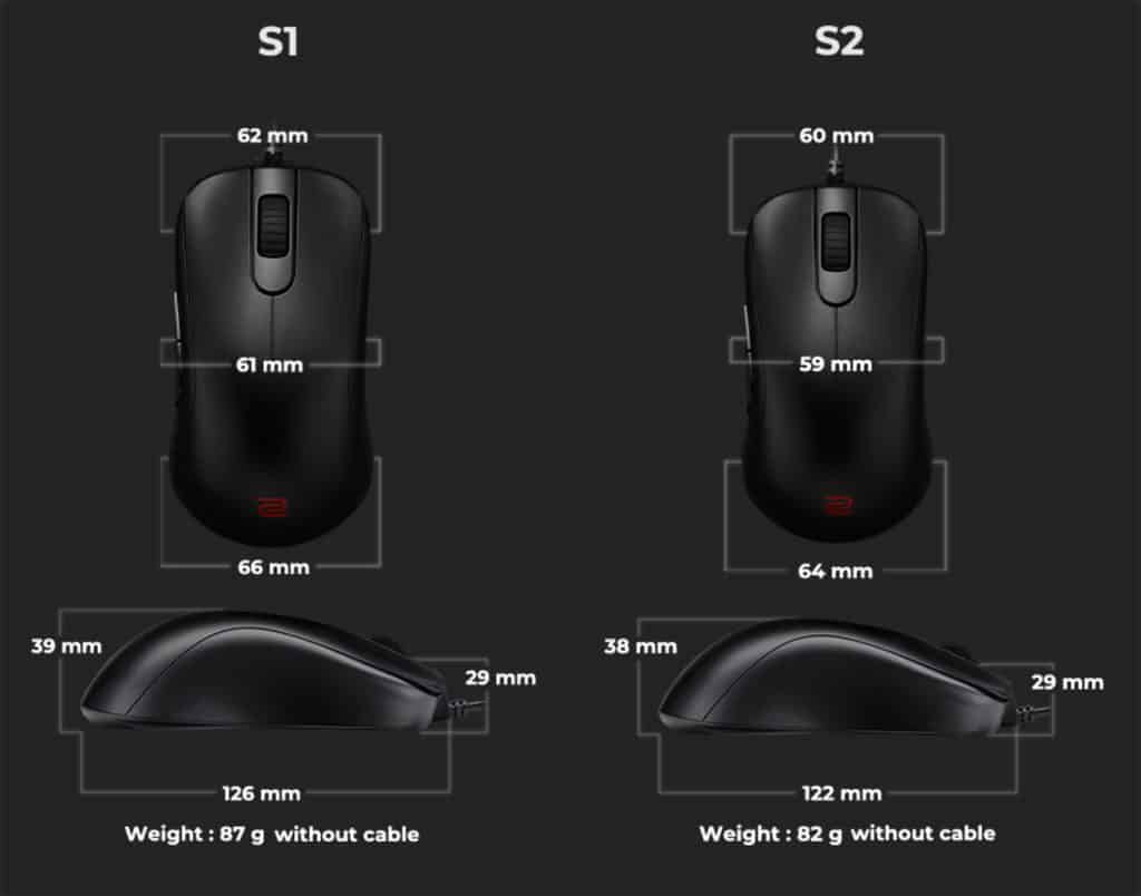 Les mensurations des souris de la gamme Zowie série S