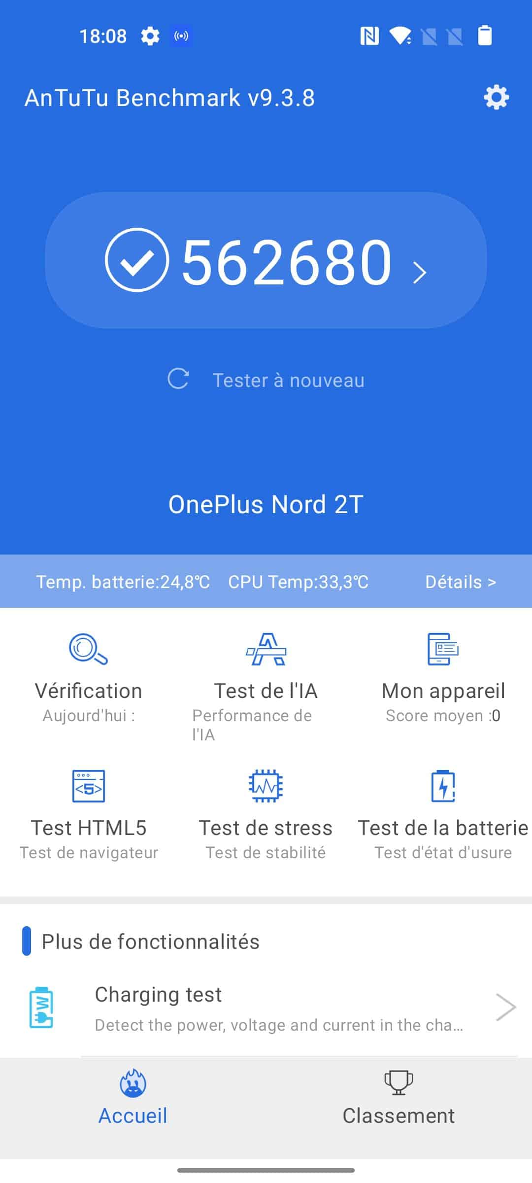OnePlus Nord 2T 5G :Le score Antutu est bon, mais sans plus